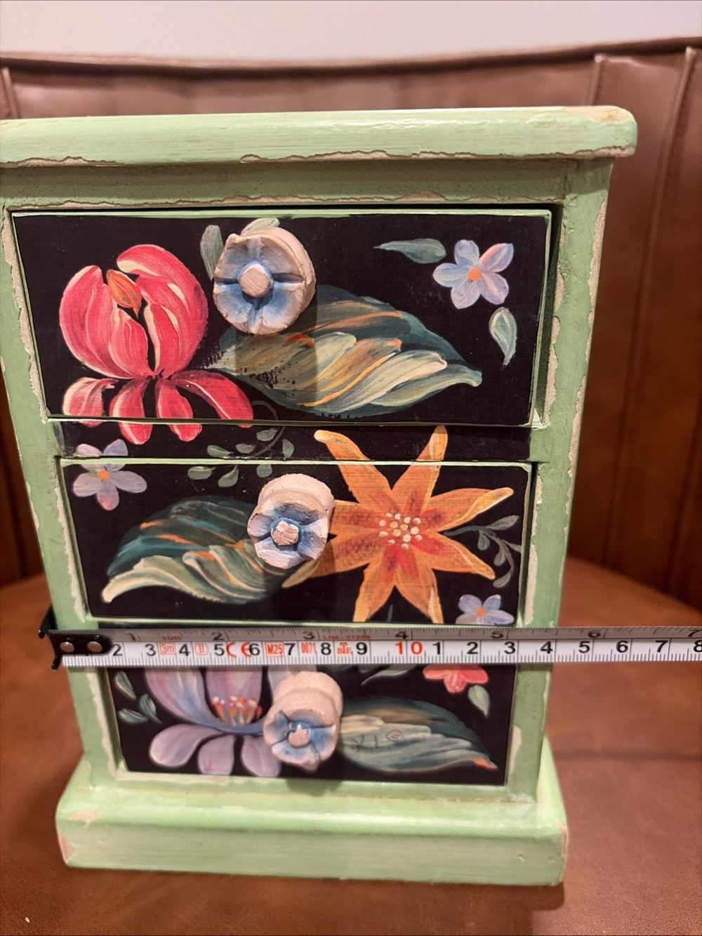 Vintage Floral Wooden 3 Drawer Jewelry Box Cottage Hand Painted  Boho signed - Picture 11 of 16